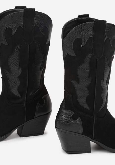 Czarne Kozaki Kowbojki na Stożku z Tłoczoną Cholewką Avrenne