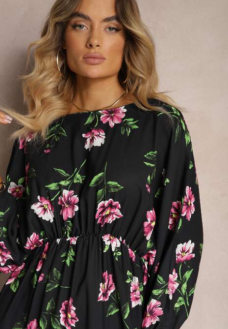 Czarno-Różowa Midi Sukienka w Kwiaty o Rozkloszowanym Kroju z Rękawami Nietoperz Jervia