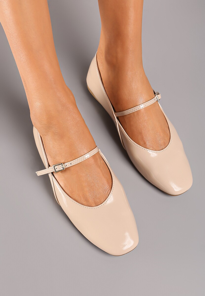 Beżowe Casualowe Balerinki Mary Jane z Ozdobnym Paseczkiem ze Sprzączką Nailira
