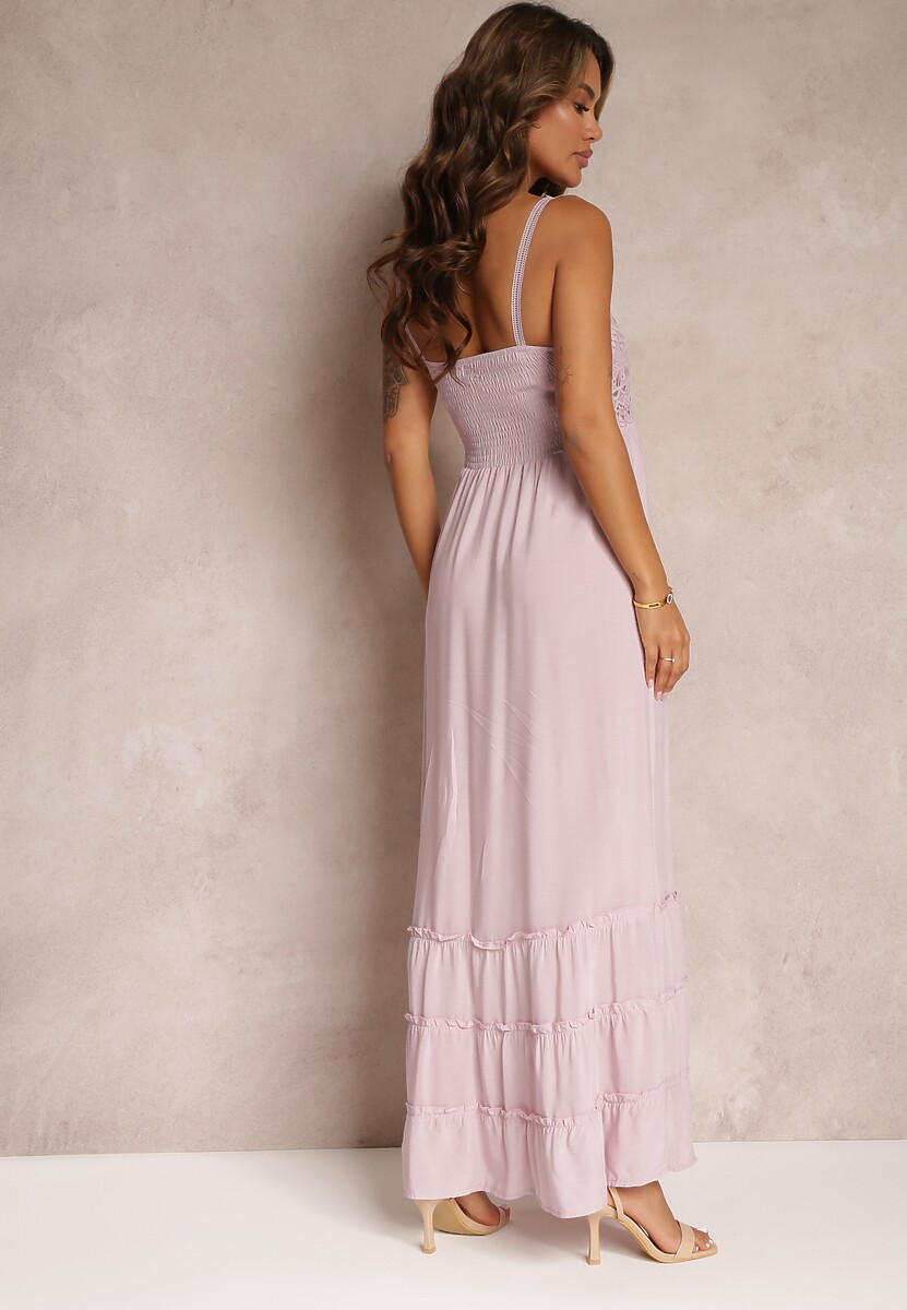 Różowa Rozkloszowana Sukienka Maxi z Koronką i Głębokim Dekoltem Zonila