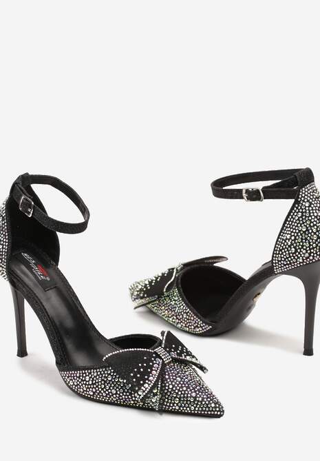 Czarne Cyrkoniowe Szpilki z Ozdobną Kokardą Tennelea