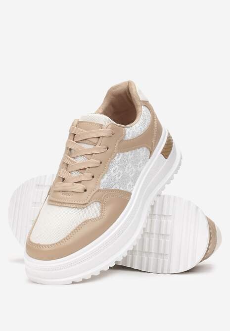 Ciemnobeżowe Sznurowane Sneakersy z Brokatem  na Grubej Podeszwie z Wycięciami Amena