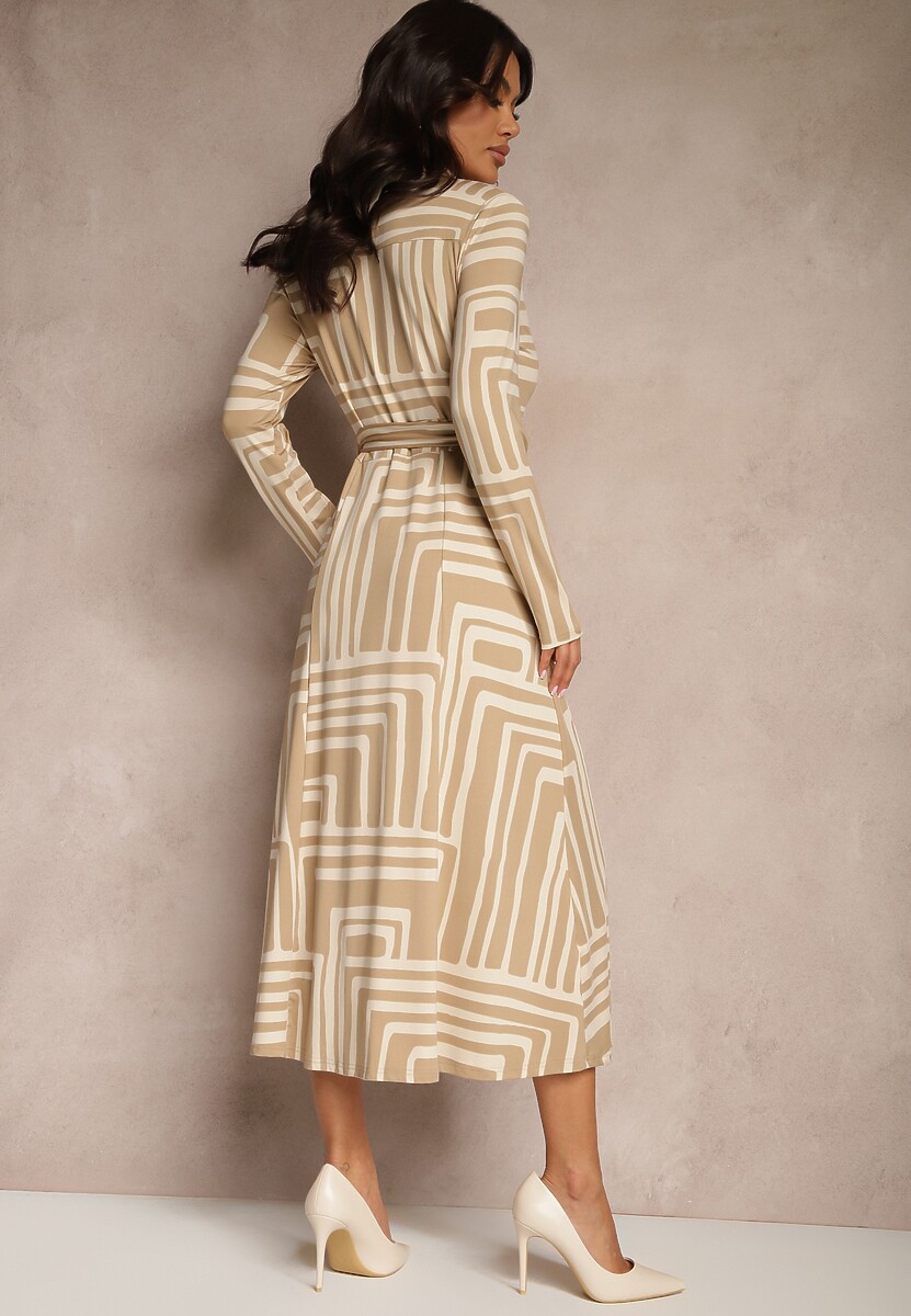 Beżowa Sukienka z Wiskozą o Koszulowym Kroju z Wiązanym Paskiem Nimiessa