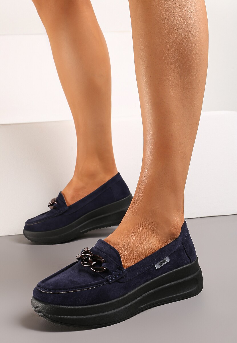 Granatowe Mokasyny z Łańcuszkiem na Wysokiej Platformie Iracana