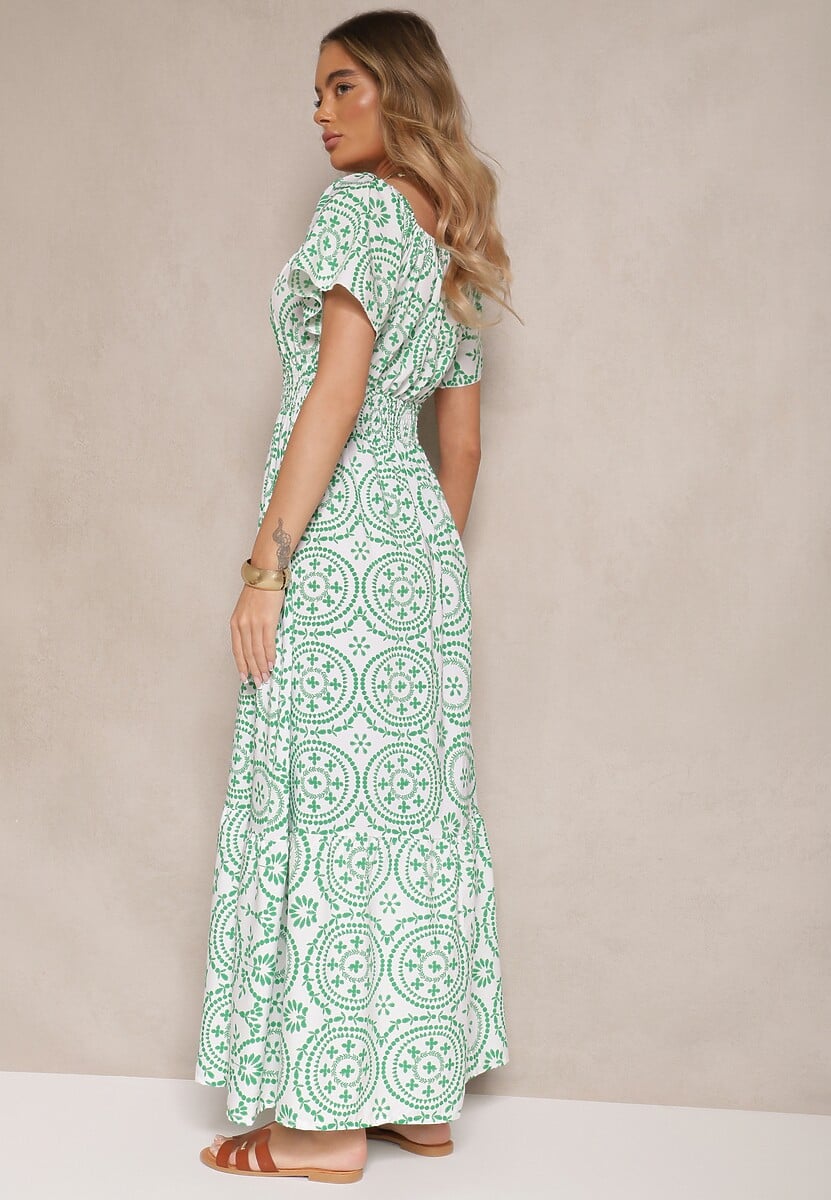 Zielono-Biała Sukienka o Rozkloszowanym Kroju z Bawełną w Abstrakcyjny Wzór Ldivena