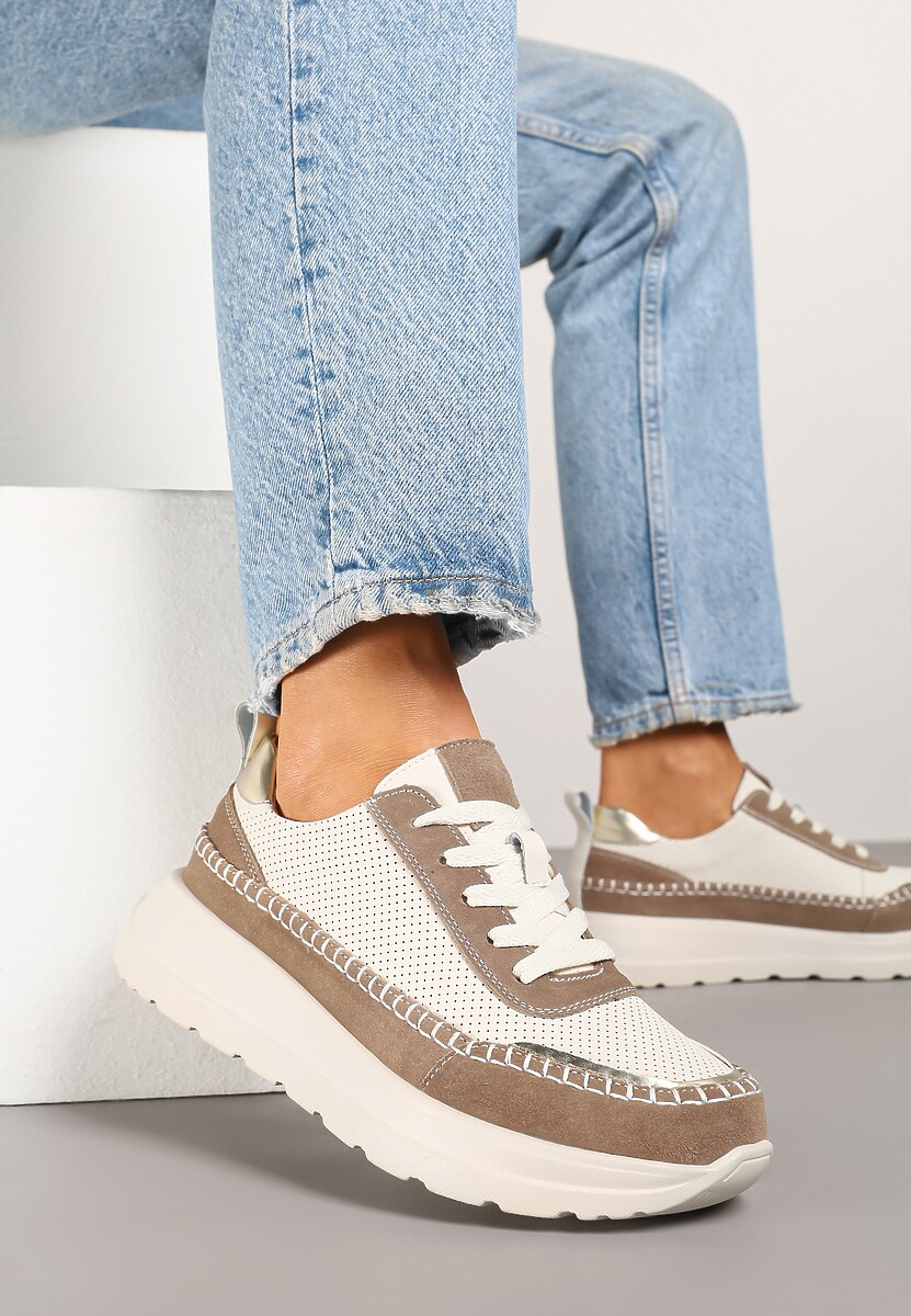 Biało-Złote Sneakersy Skórzane Ozdobione Metalicznymi Wstawkami i Przeszyciami Renosa