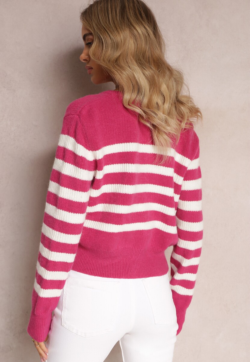 Różowy Luźny Krótki Kardigan Zapinany na Guziki w Paski Abburra