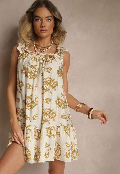 Beżowa Sukienka z Wiskozą Ozdobiona Falbanką Ellitne