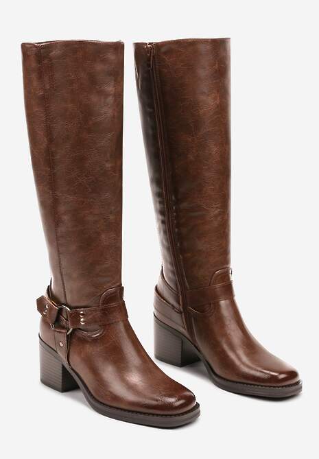 Ciemnobrązowe Kozaki na Obcasie w Stylu Bikerów z Okrągłą Klamrą Eziella