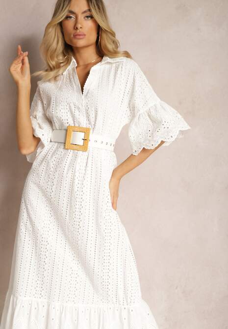 Biała Koronkowa Sukienka z Bawełny z Rękawem 3/4 o Rozszerzanym Kroju z Falbanką Mines