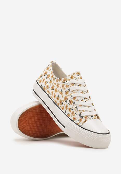 Żółte Casualowe Trampki w Kwiatki Foleriella