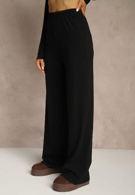 Czarny Komplet z Bawełny Kopertowa Bluzka Longsleeve i Szerokie Spodnie Amaferia