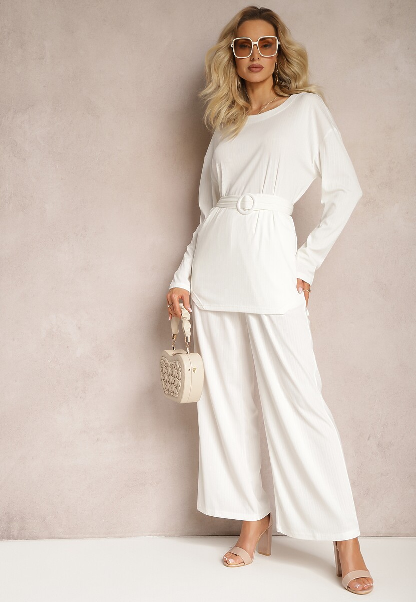 Beżowy Komplet Bluzka i Spodnie z Prostymi Nogawkami i Gumką Daeirassa