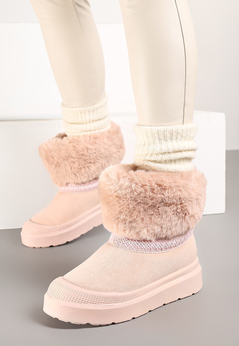 Różowe Śniegowce na Płaskiej Podeszwie Ozdobione Futerkiem i Haftem Lannetea