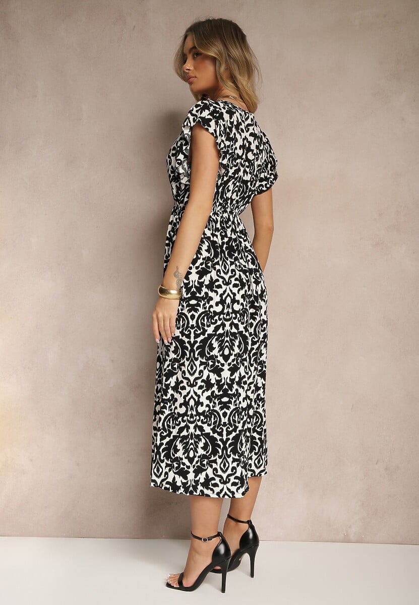 Czarna Sukienka z Bawełny Rozkloszowana z Falbanami w Roślinny Wzór Zalimara