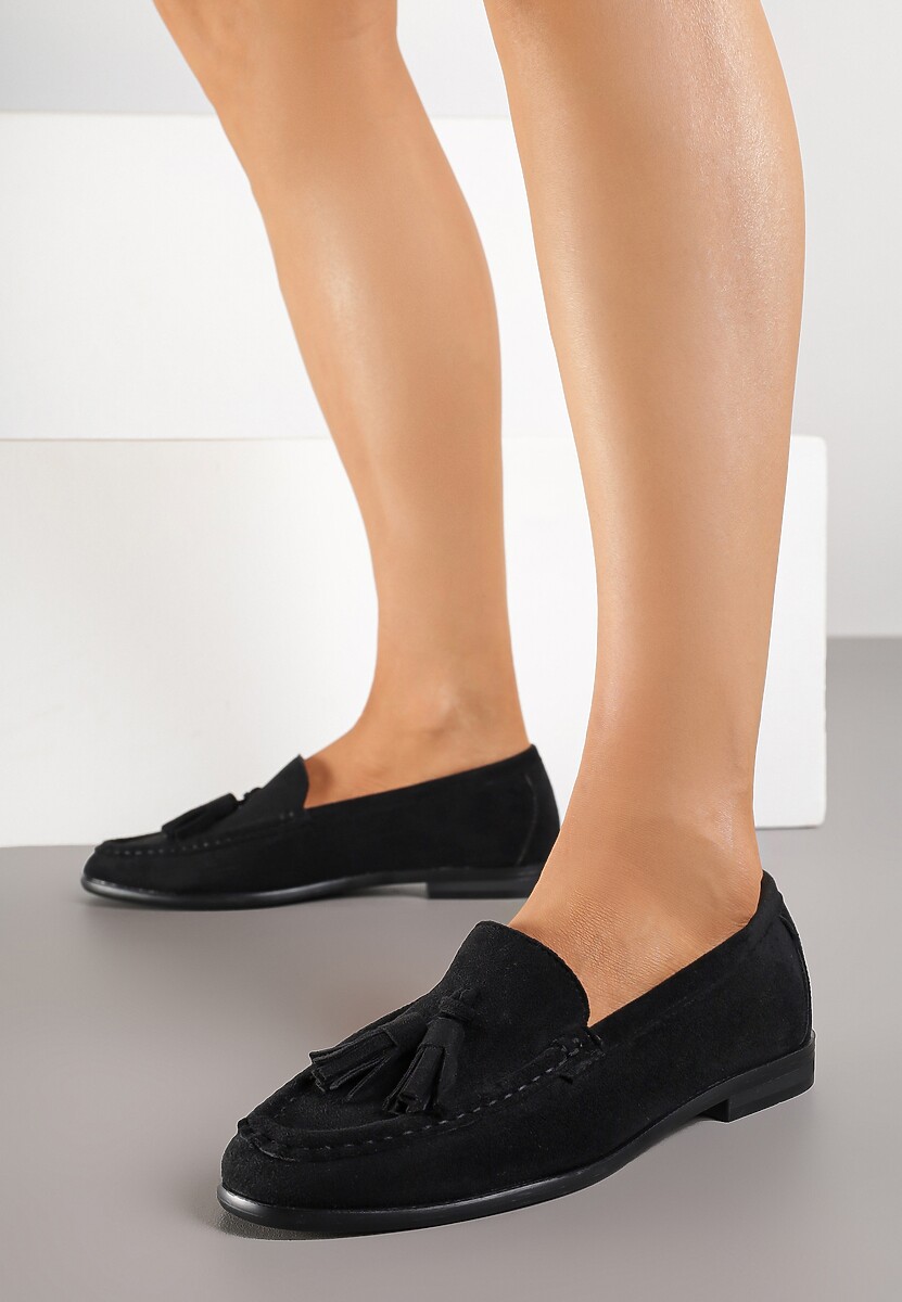 Czarne Mokasyny z Imitacji Zamszu z Aplikacją z Frędzlami Nalonissa