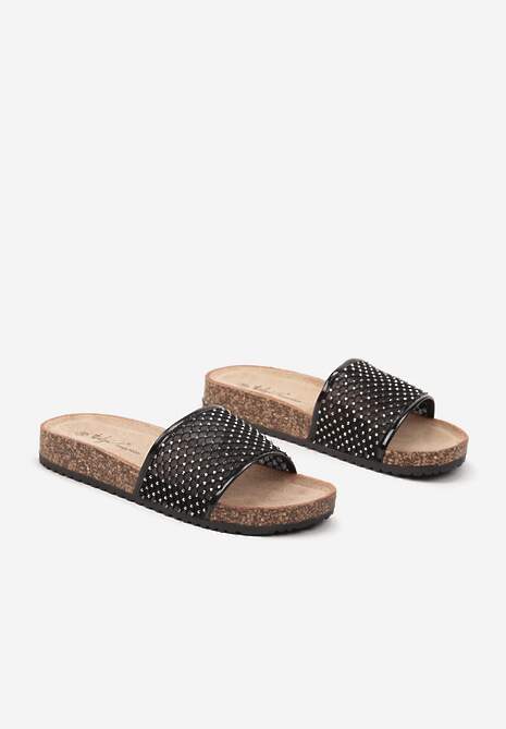 Czarne Klapki z Siateczki z Cyrkoniami na Korkowej Podeszwie Alimettia