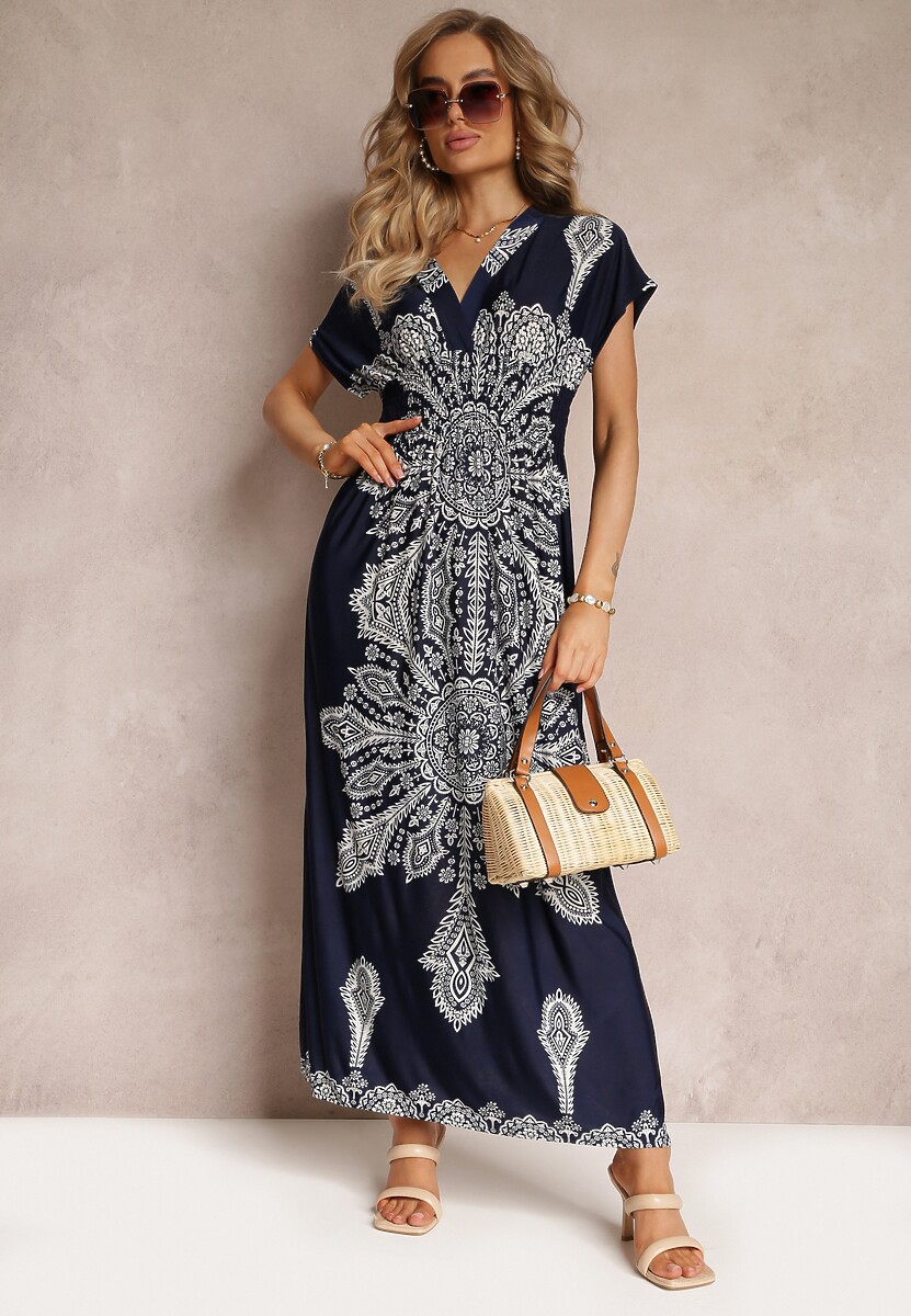 Granatowa Sukienka Maxi w Etniczny Wzór Josanie
