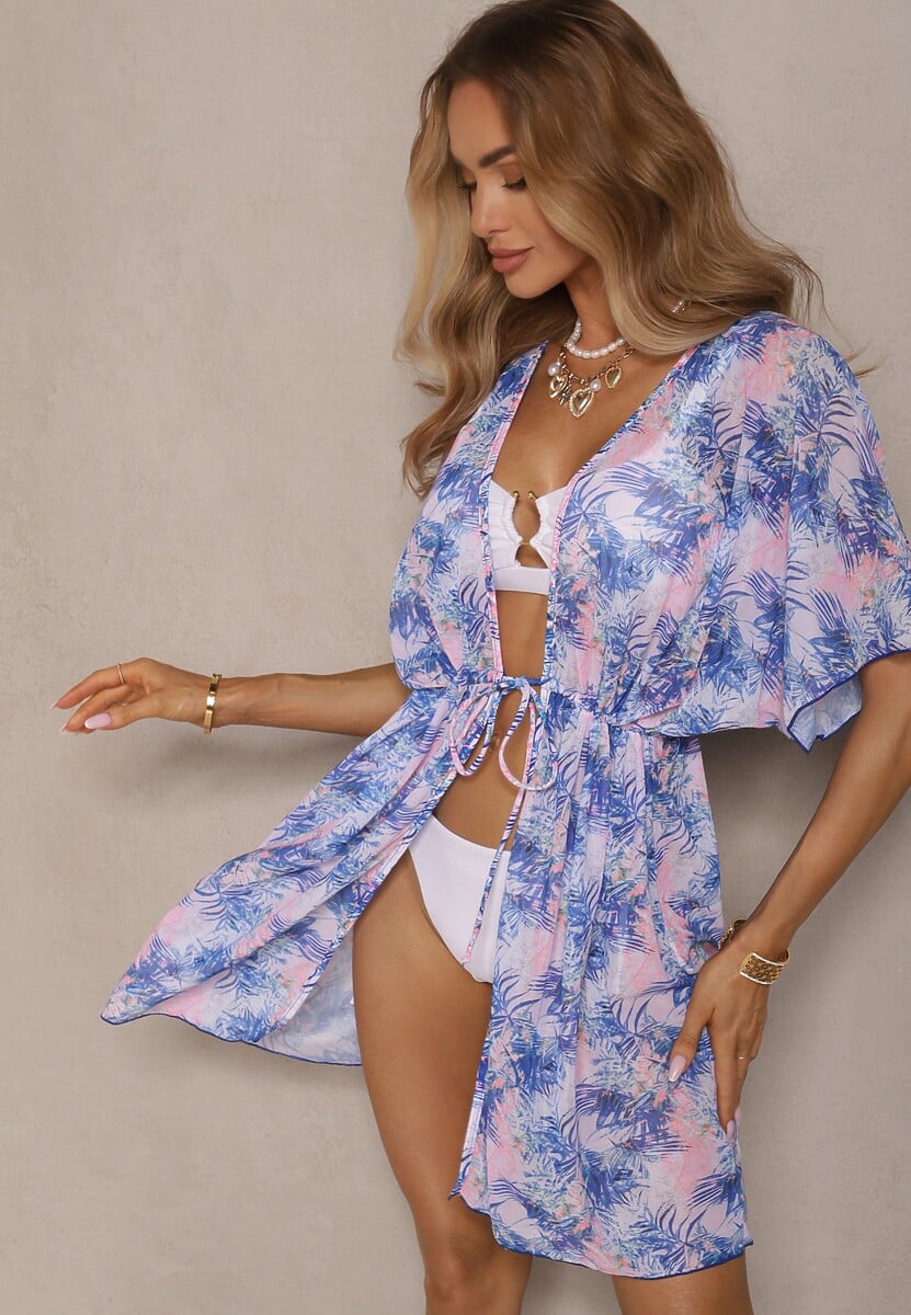 Czarna Narzutka Plażowa z Wiązaniem w Kwiatowy Wzór Mevelaura