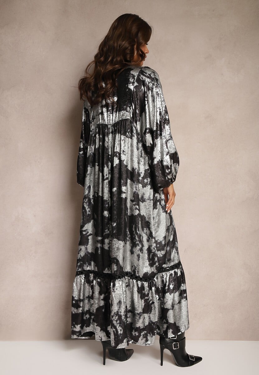 Srebrno-Czarna Sukienka Wiązana przy Dekolcie z Metaliczną Nitką o Pudełkowym Fasonie Rorirae