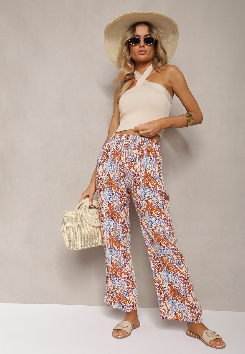 Zielono-Różwe Spodnie z Wiskozy z Szerokimi Nogawkami i Gumką w Talii Cumiea