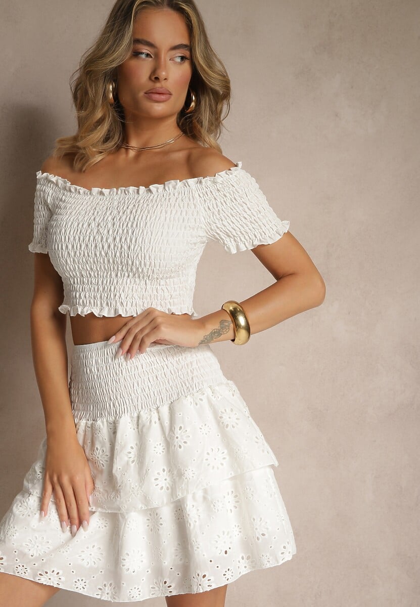 Biały Ażurowy Komplet z Bawełny Top w Hiszpańskim Stylu Spódnica z Gumką w Talii  Vimariah