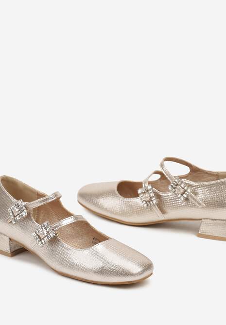 Złote Czółenka Lakierowane z Kwadratowym Noskiem i Klamrami Terinas