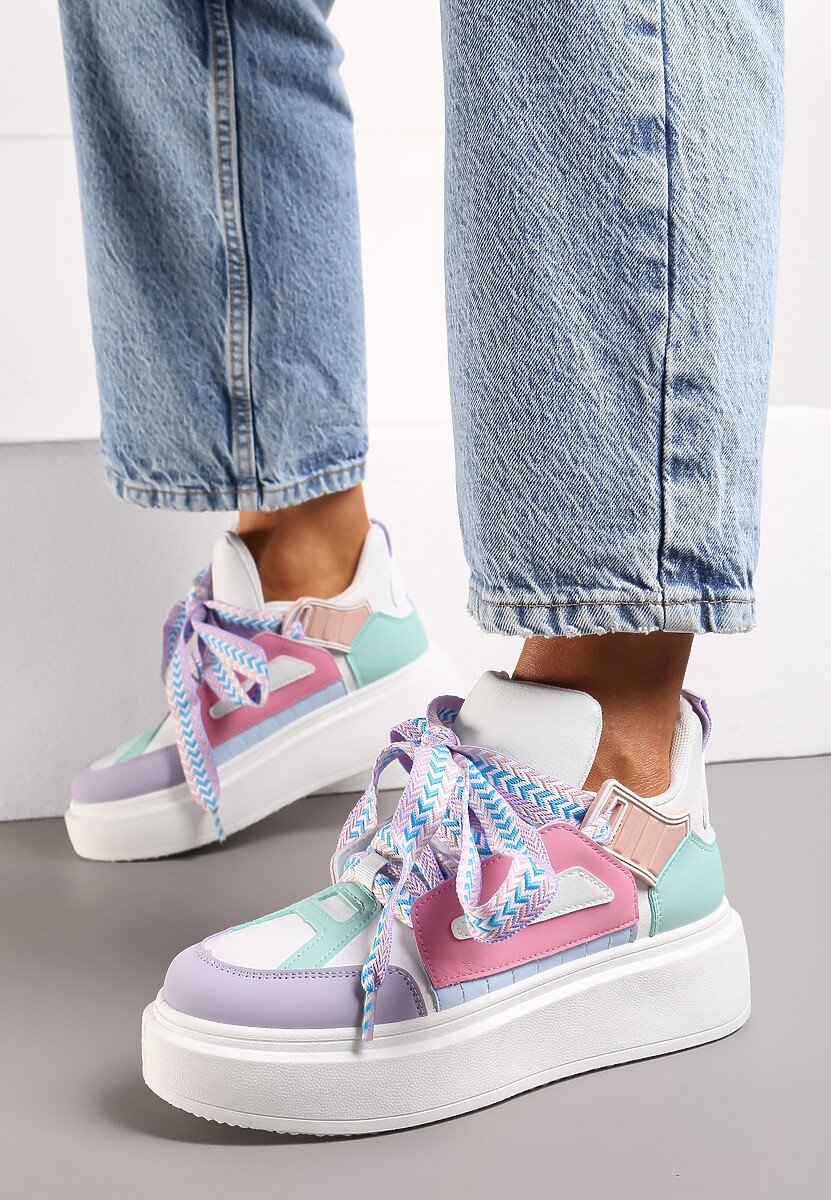 Biało-Fioletowe Sneakersy Na Niskiej Platformie z Szerokimi Sznurówkami we Wzorek Vidira