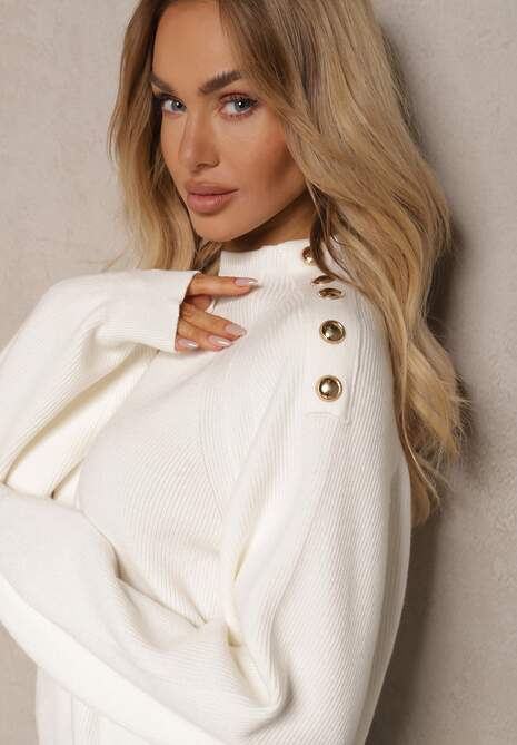 Biały Sweter Dzianinowy z Długim Rękawem i Guzikami Kithi