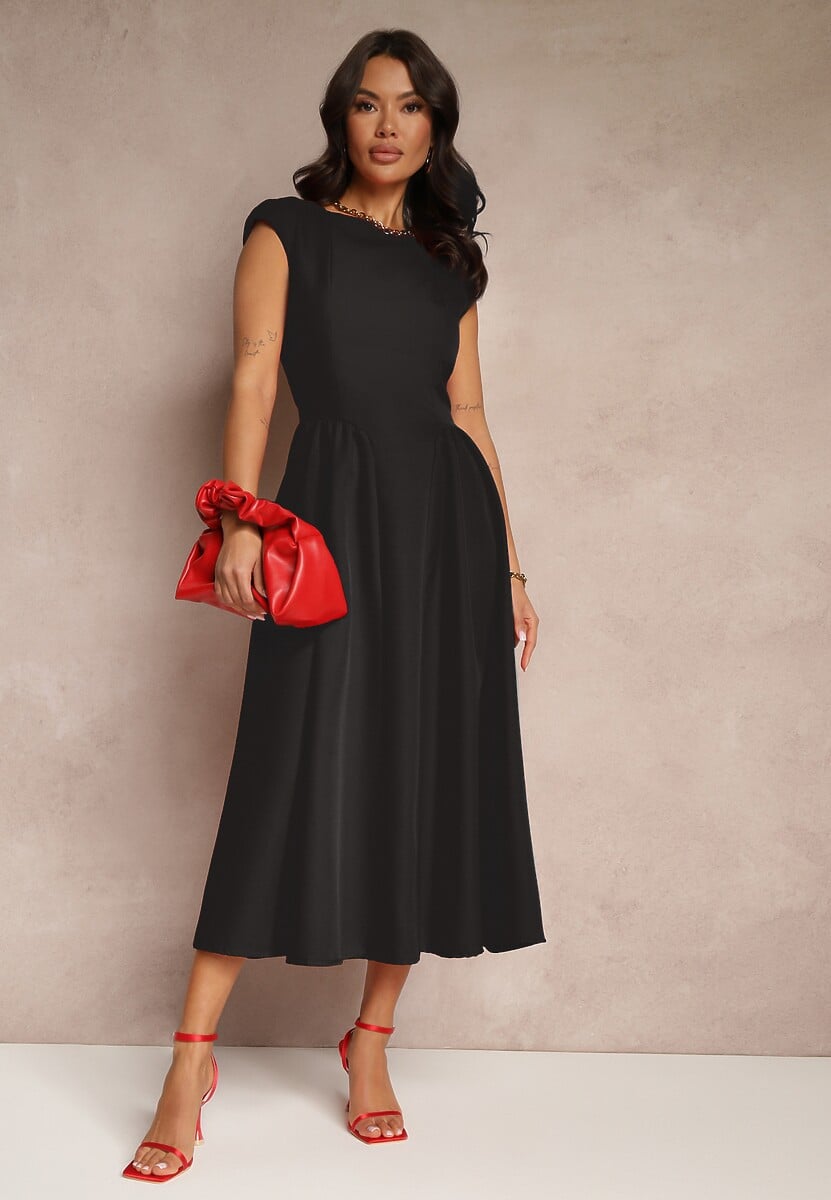 Czarna Rozkloszowana Sukienka z Wiązaniem i Dekoltem w Kształcie Łódki Alanira