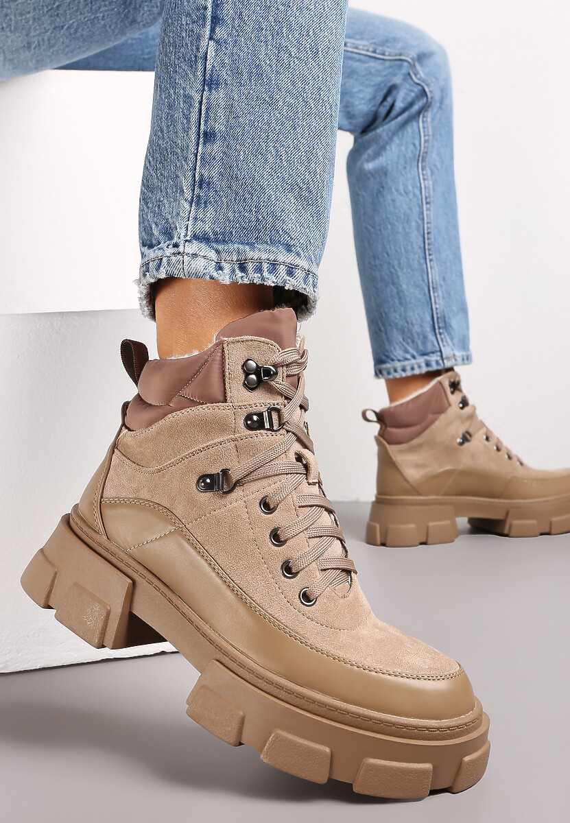 Ciemnobeżowe Traperki na Masywnej Podeszwie w Stylu Workerów Vodre