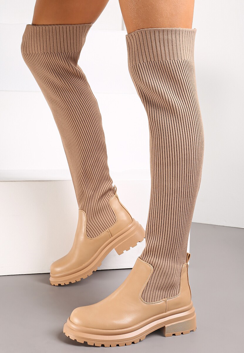 Beżowe Kozaki z Elastyczną Prążkowaną Cholewką za Kolano Goisee