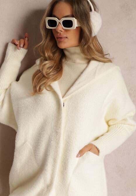 Jasnobeżowy Płaszcz Wełniany z Alpaką Oversize Długi z Kapturem Ortylia