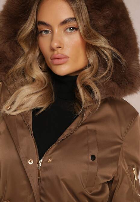 Brązowa Kurtka Parka z Kapturem i Ozdobnym Futerkiem Dioneta