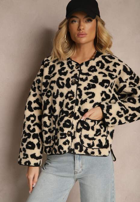 Beżowa Kurtka Futrzana Ozdobiona Kieszeniami Sewiala