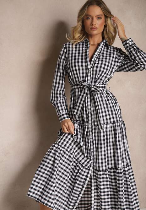 Czarna Koszulowa Sukienka z Bawełny w Kratkę Vichy z Wiązanym Paskiem Adlivia