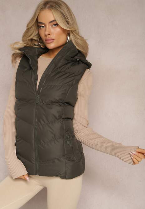 Ciemnozielona Pikowana Kamizelka z Kapturem na Suwak Ritase