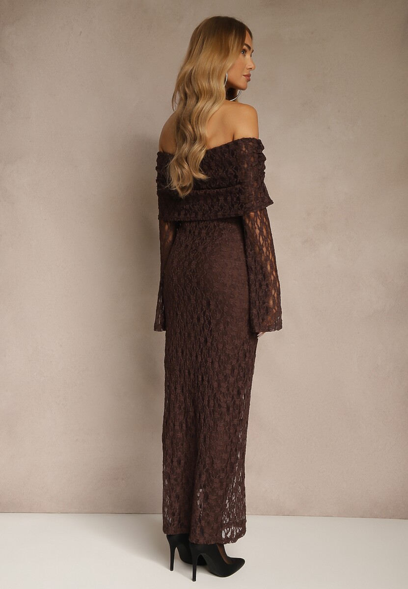 Brązowa Koronkowa Sukienka Koktajlowa z Odkrytymi Ramionami Eperria