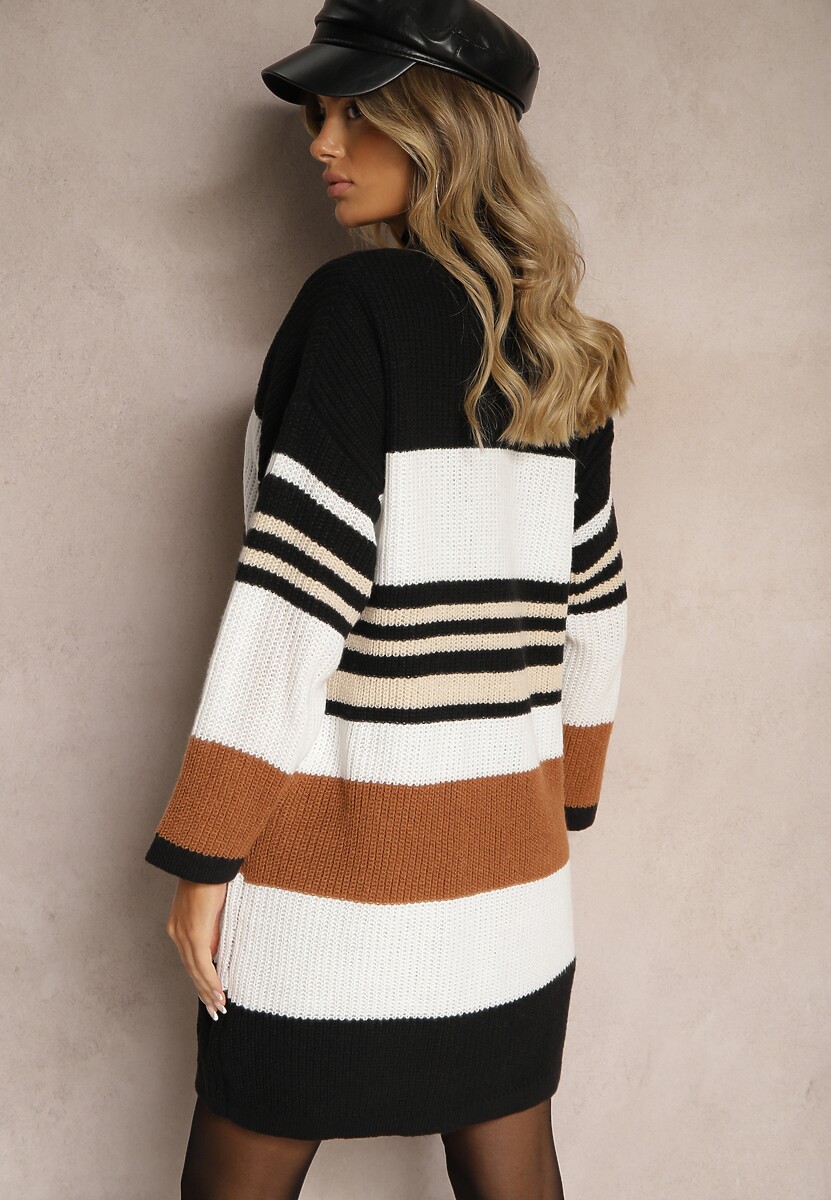 Biało-Brązowy Kardigan z Dodatkiem Wiskozy w Paski z Kieszeniami Lerille