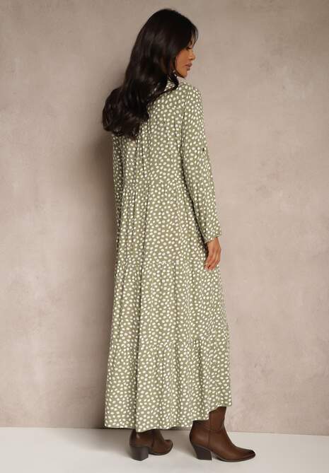 Zielona Maxi Sukienka z Bawełny w Kropki o Koszulowym Kroju z Rozkloszowanym Dołem Feriti