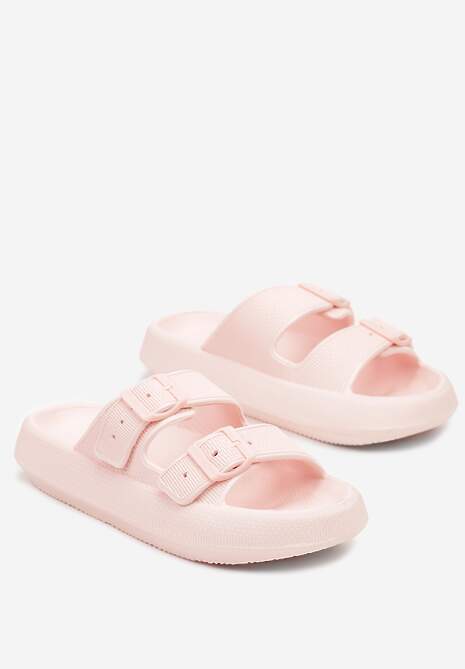 Jasnoróżowe Klapki na Płaskiej Podeszwie z Pianki Wykończone Paskami z Regulacją Nelsiana
