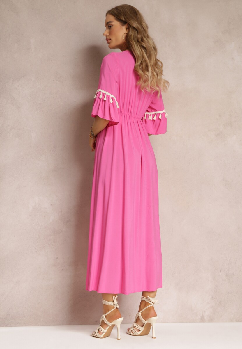 Fuksjowa Sukienka Maxi z Gumką w Talii z Ozdobnymi Chwostami z Wiskozy Zisel