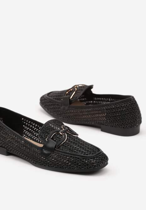 Czarne Płaskie Mokasyny z Plecioną Cholewką i Klamrą Aranelith