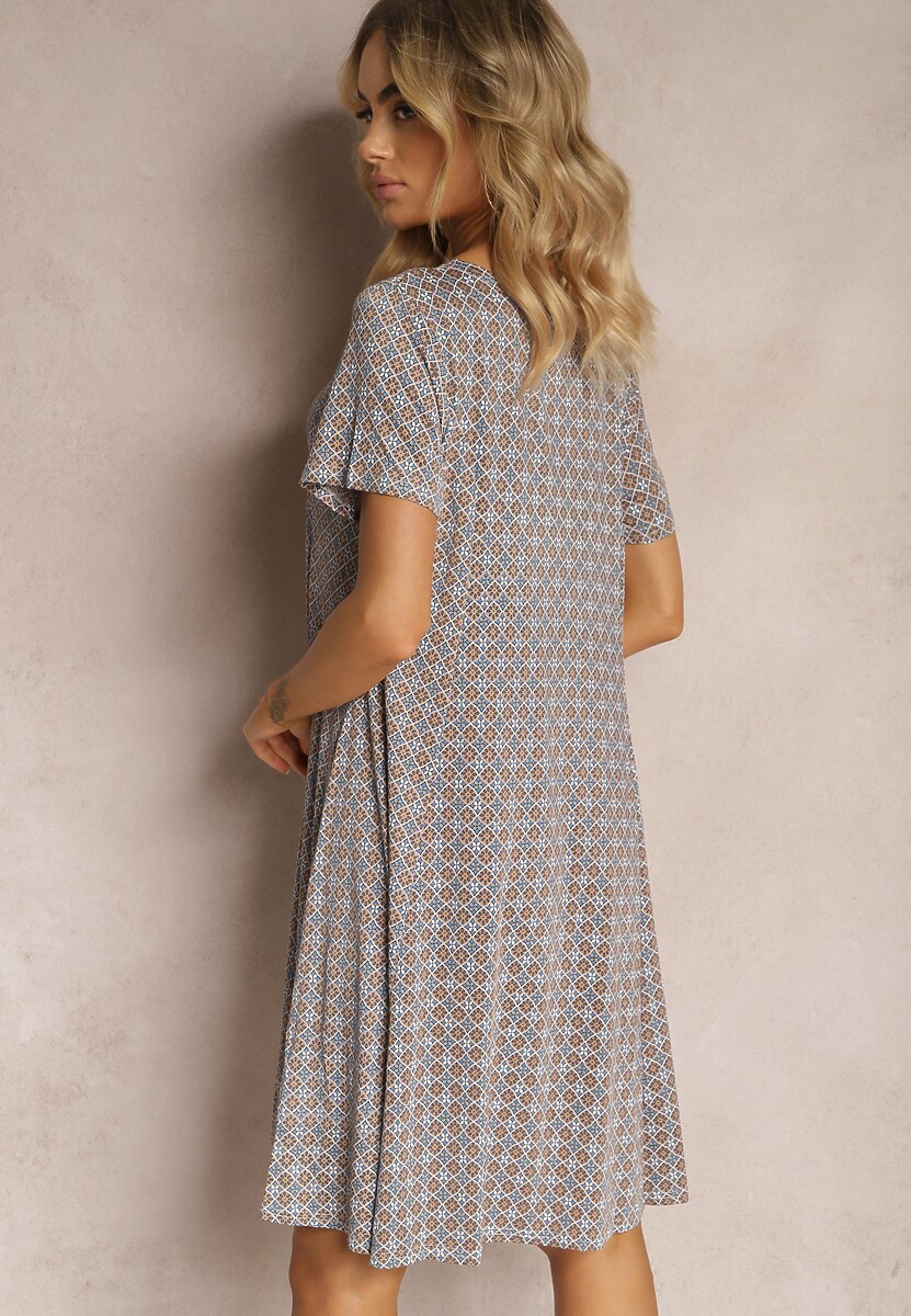 Niebiesko-Beżowa Sukienka Mini z Wiskozy z Rozkloszowanym Dołem Lontassa