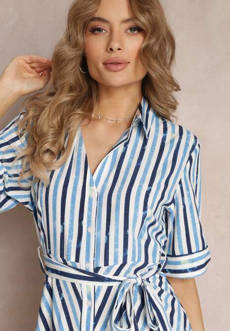 Niebieska Koszulowa Sukienka Wiązana w Talii w Paski Nastika