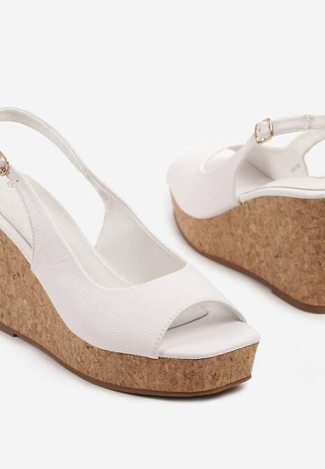 Białe Sandały na Korkowej Platformie i Koturnie z Wkładką ze Skóry Naturalnej Natoni