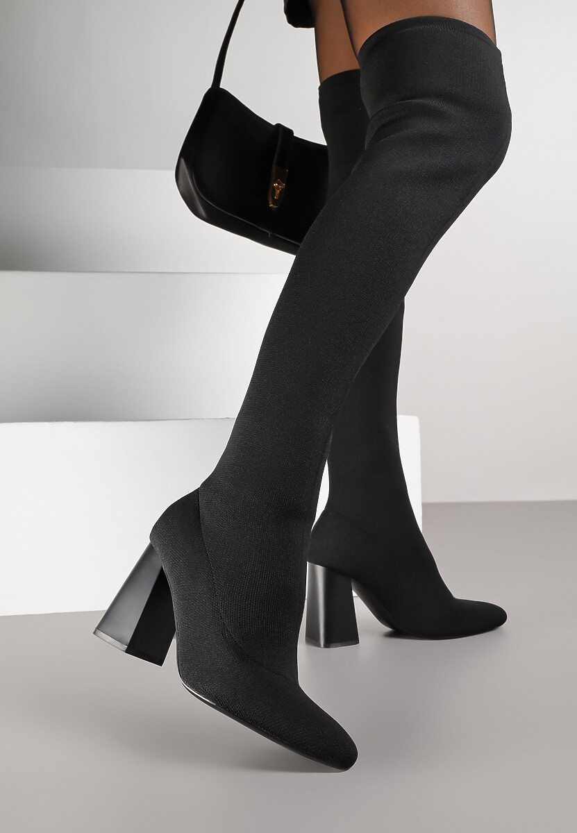 Czarne Kozaki Vices za Kolano na Słupku ze Skarpetkową Cholewką Neliannea