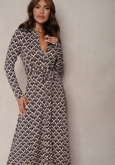 Brązowa Koszulowa Sukienka Midi Ozdobiona Geometrycznym Wzorem i Wiązanym Paskiem Aripel