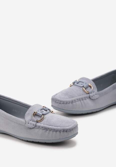 Jasnoniebieskie Mokasyny z Ekozamszu Ozdobione Przeszyciami i Klamrą Rilvina