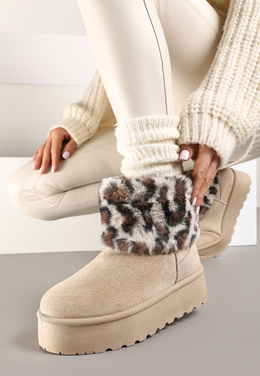 Beżowe Śniegowce z Imitacji Zamszu na Platformie z Futrzaną Cholewką w Panterkowy Wzór Reanithra
